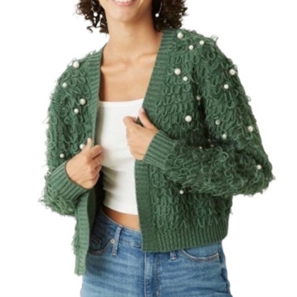 Mighty Fine Women's Loop Pearl Accent Green Cardigan XL